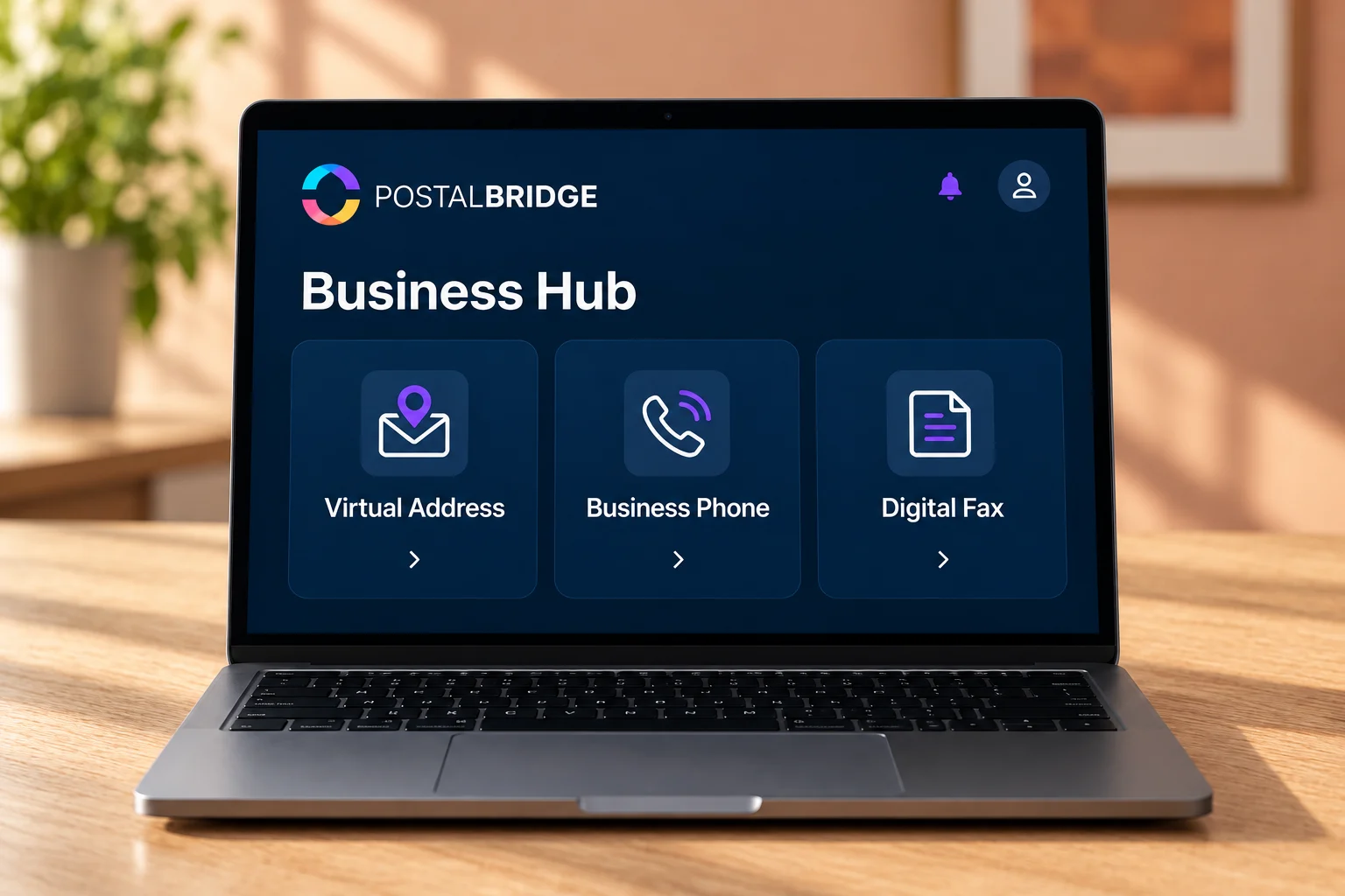 PostalBridge laptop mockup showing Virtual Address, Business Phone, and Digital Fax together