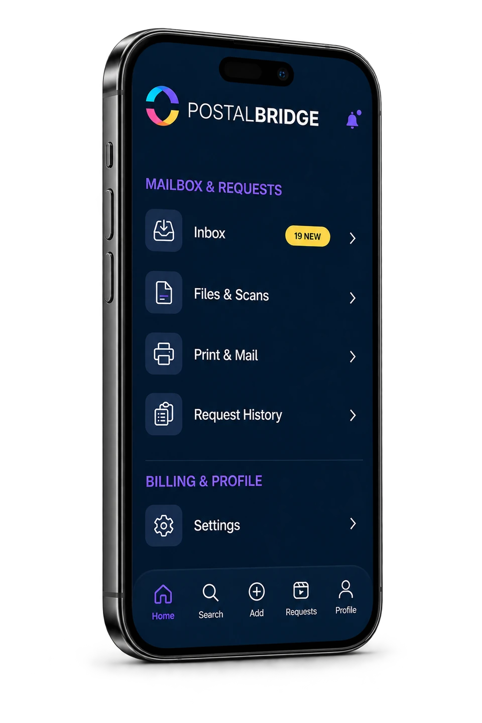 PostalBridge mobile app displayed on a premium smartphone