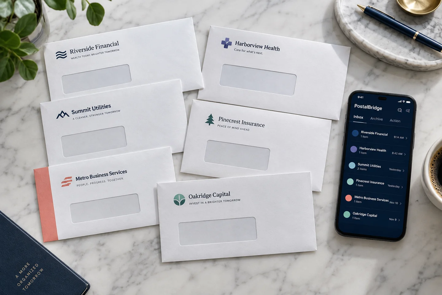 Sealed business mail organized by sender beside the PostalBridge mobile inbox