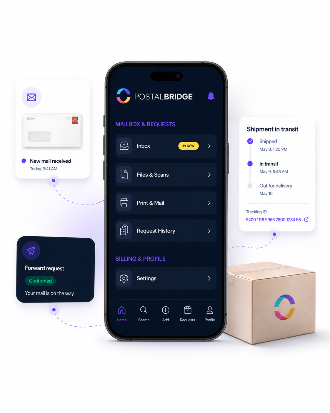 PostalBridge forwarding workflow and shipment tracking preview