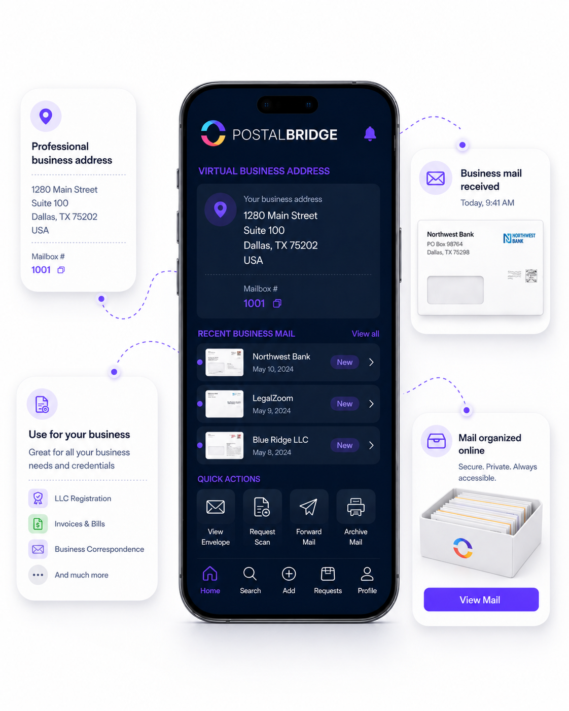 PostalBridge virtual business address and online mailbox setup preview