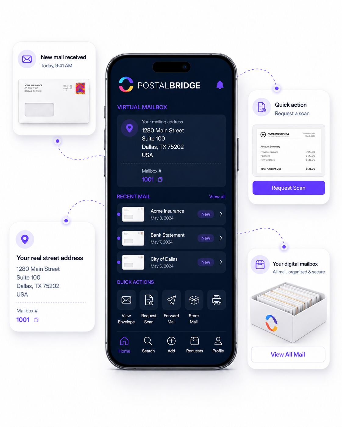 PostalBridge virtual mailbox dashboard preview