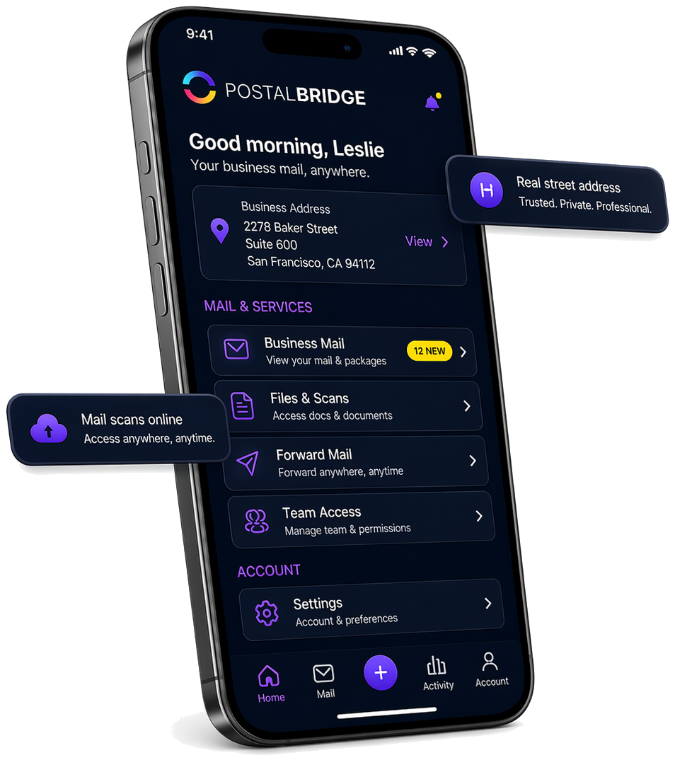 PostalBridge mobile app showing a real street address, mailbox details, incoming mail, scans, forwarding, and shared access